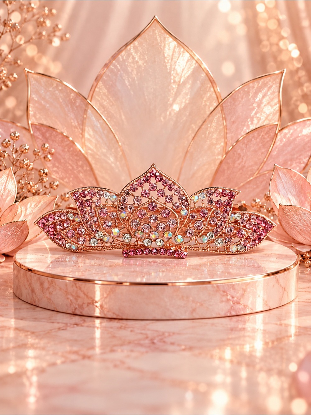 Rose Gold Lotus Rhinestone Hair Barrette Pink Crystal Statement Clip